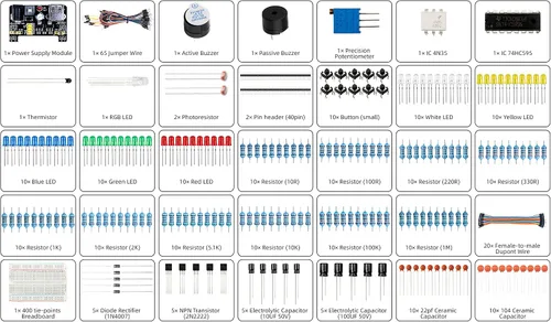 Vista 3 de Kit básico de inicio Smraza con tablero de pruebas, fuente de alimentación, cables de puente, resistencias, LED, compatible con Arduino R3