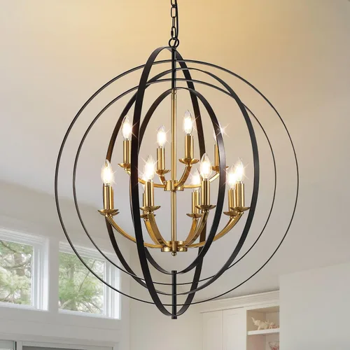 Vista 15 de Candelabro de granja negro, accesorios de luz colgante de farol de 7 luces, accesorios de iluminación de vestíbulo industrial rústico, candelabros