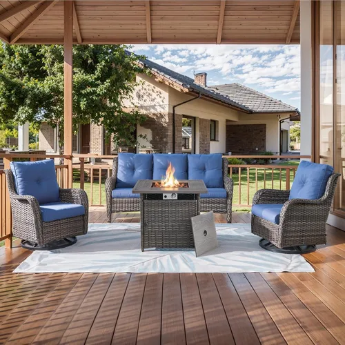 Vista 46 de HUMMUH Juego de 2 Sillas Giratorias Mecedoras de Mimbre para Patio Exterior, Juego de Muebles de Sillas Mecedoras de Ratán (Marrón, Azul) 50,000