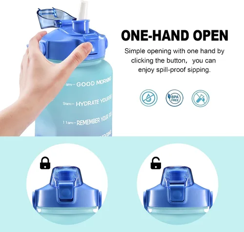 Vista 4 de EYQ Botella de agua potable gratuita sin fugas de 64 oz/128 oz con marcador de tiempo motivacional sin BPA para fitness, gimnasio y deportes al aire