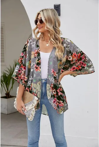 Vista 4 de BB&KK - Kimono floral para mujer, cárdigan de gasa de estilo informal, holgado, abierto por delante, salida de traje de baño