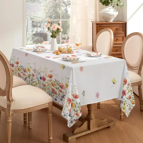 Vista 2 de Softalker Mantel rectangular de primavera, mantel de Pascua impermeable con flores silvestres, resistente a las manchas, sin arrugas, mantel floral