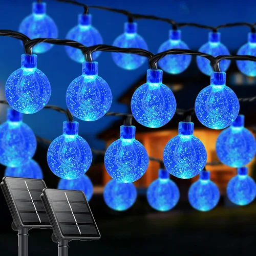 Vista 14 de LORRYTE Tira de luces solares para exteriores, 50 luces LED de 32 pies, impermeables, con energía solar, luces de globo de cristal para exteriores