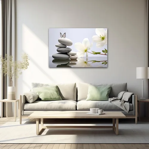 Vista 2 de CXHOSTENT Cuadro zen para decoración de baño, impresiones en lienzo con flores blancas y mariposas sobre piedra, arte de pared para baño, yoga, spa
