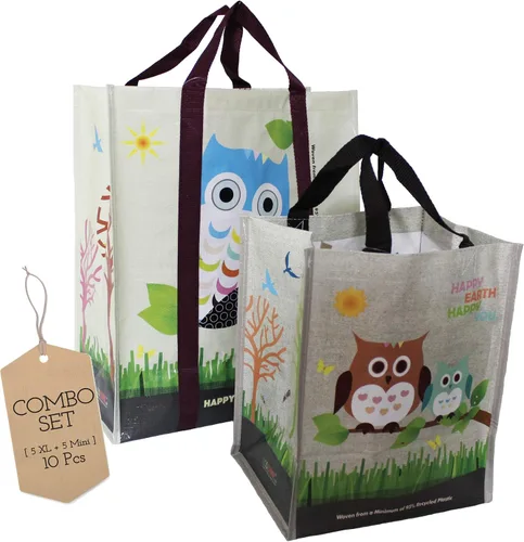 Vista 8 de Juego combinado laminado XL y mini bolsas de compras reutilizables tejidas para comestibles, hechas con un mínimo de 95% de plástico reciclado