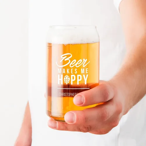 Vista 3 de WEDDINGSTAR Vaso de cerveza personalizado en forma de lata de 16 oz - Beer Makes Me Hoppy Print