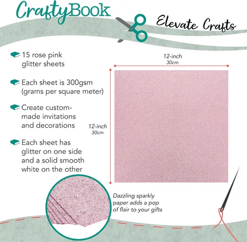 Vista 4 de CraftyBook Juego de cartulina con purpurina, 15 hojas de papel rosa rosa con purpurina de 12 x 12 pulgadas para álbumes de recortes, manualidades