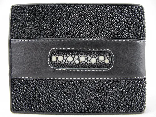 Vista 3 de Cartera plegable suave de piel de rayas de diamante genuino, Negro -, Billetera plegable