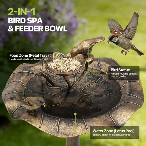 Vista 6 de Magshion Bañera y comedero para pájaros de 35 pulgadas para exteriores, bañera de pájaros con pedestal con diseño de loto vintage, construcción