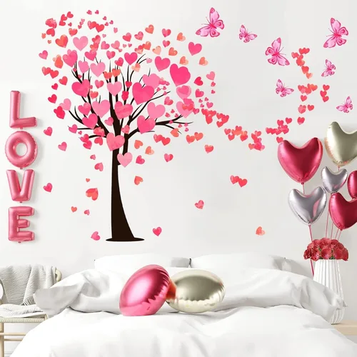Vista 3 de Calcomanía de pared de árbol de corazón rojo para el día de San Valentín, 48.4 x 33.8 pulgadas, calcomanías de corazón para decoración de fiesta