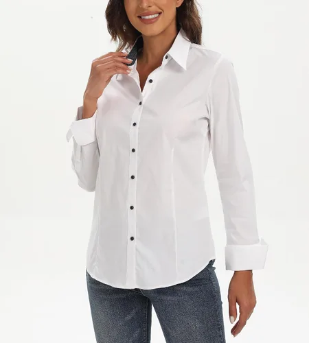 Vista 4 de Esabel.C Camisas de manga larga con botones para mujer, ajuste regular, blusa de trabajo elástica
