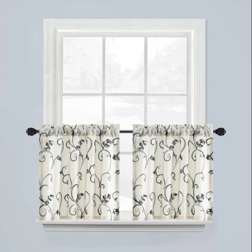 Vista 12 de VOGOL Cortinas de Nivel para Cocina para Ventana, Flores Azules y Enredaderas Bordadas Cortina de 24 Pulgadas de Largo, Cortinas Cortas Tratamiento