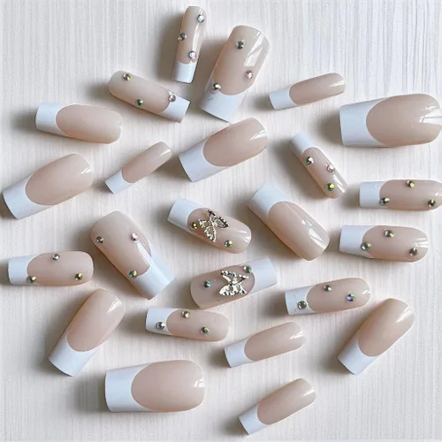 Vista 5 de Uñas postizas a presión con punta francesa blanca, uñas postizas largas cuadradas 3D con diamantes de imitación, uñas acrílicas nude, cobertura