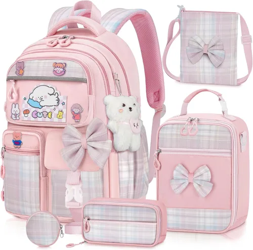 Vista 8 de Mochila para niñas con juego de lonchera, 5 piezas, color negro, linda mochila Kawaii para adolescentes, mochila escolar estética para primaria