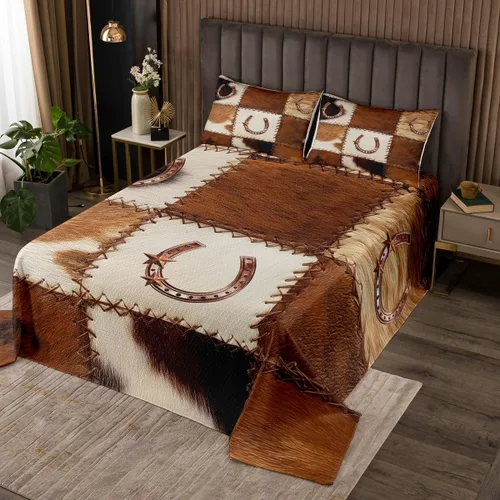 Vista 11 de Colcha de caballo de girasol, tamaño individual, ropa de cama acolchada de herradura con estrellas del oeste de Texas para cabaña rústica de granja