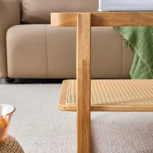 Vista 7 de TesNus Mesa de centro de madera maciza, moderna mesa de centro de ratán con estante de almacenamiento de 2 niveles, mesa de centro rectangular