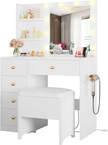 Vista 10 de IRONCK - Escritorio de tocador con espejo y luces, pequeña mesa de tocador de maquillaje con 5 cajones, toma de corriente y taburete de tocador, 3
