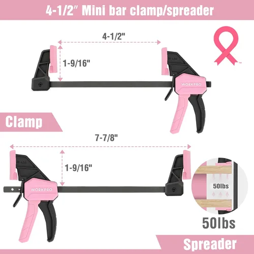 Vista 2 de WORKPRO Abrazaderas de Mini Barra para Carpintería, 6" (2) y 4-1/2" (2), Abrazadera/Separador de Una Mano de 4 Piezas, Abrazadera F de Cambio Rápido