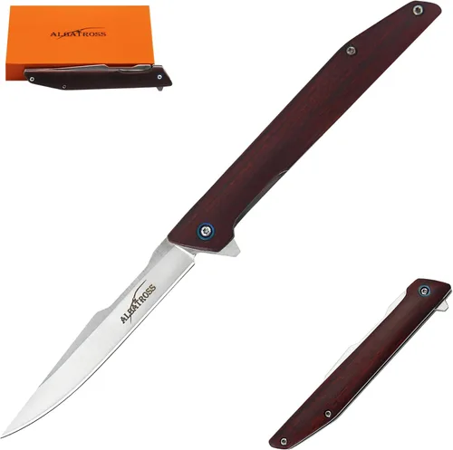 Vista 9 de ALBATROSS EDC Navaja de bolsillo plegable de Damasco VG10 delgada, ideal para camping; hoja de Damasco de 3.5", mango de 4.5" de madera de sándalo