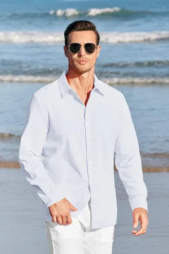 Vista 2 de Camisas de manga larga con botones para hombre, de lino, para playa, casuales, de algodón, ligeras, para verano, 1 blanco