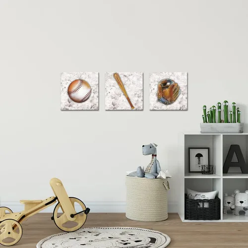 Vista 2 de Biuteawal 3 piezas de impresiones en lienzo de béisbol, arte de pared con temática deportiva, cuadros para decoración de dormitorio de niños, obras