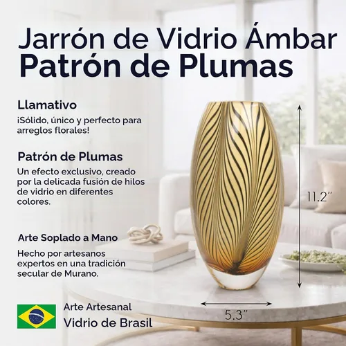 Vista 2 de Ca D Oro - Florero de cristal estilo Murano, patrón de plumas de ámbar, vidrio soplado a mano para flor, decoración de habitación y centro de mesa