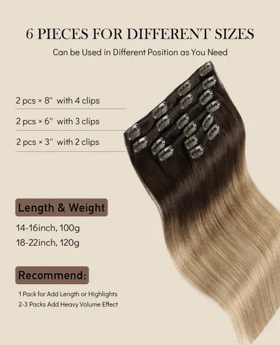 Vista 75 de VINBAO Extensiones de cabello humano con clip, balayage, color marrón ceniza a rubio caramelo, 14 pulgadas, 6 unidades, 3.53 onzas, 6