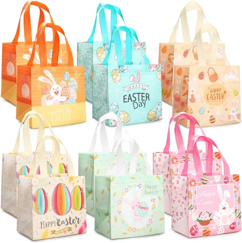 Vista 13 de Aviski 12 bolsas de caza de huevos de Pascua de varios tamaños, bolsa de regalo de huevos de gallina de zanahoria con asas, bolsas de regalo