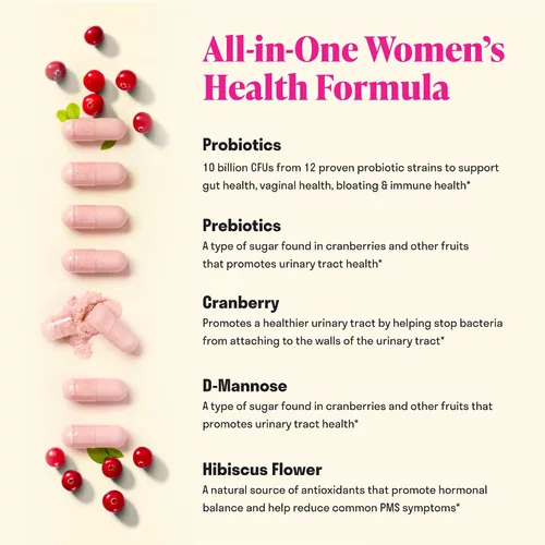Vista 5 de Probiótico 3 en 1 para mujer, 60 porciones, 12 cepas únicas, prebióticos, D-manosa y arándano para la salud digestiva, salud vaginal y apoyo
