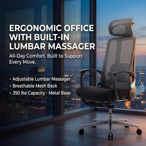 Vista 3 de Silla de oficina ergonómica con reposapiés y masajeador lumbar ajustable, silla de escritorio grande y alta con reposacabezas 5D, silla giratoria