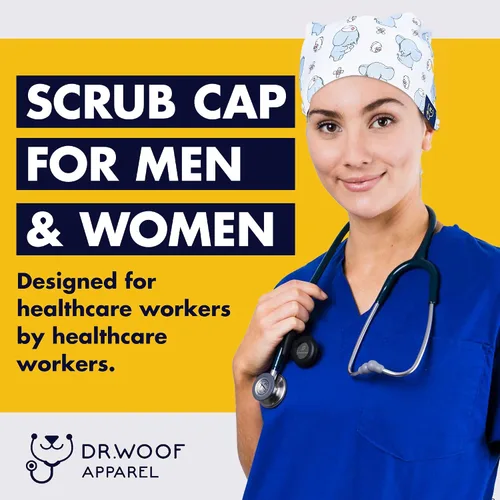Vista 2 de Dr. Woof Apparel - Gorras quirúrgicas para mujeres y hombres, sombreros lavables, enfermeras, otros trabajadores de la salud, coloridos con botones