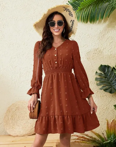 Vista 6 de Daisyaner Women's Dresses Summer Casual Dress Long Sleeve V Neck Swiss Dot Dress Smocked Short Beach Dresses