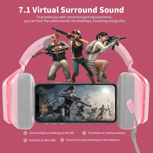 Vista 2 de NACODEX AX368 Auriculares para juegos con cable rosa con micrófono - Sonido envolvente estéreo 7.1 - Control de volumen - Diadema ajustable