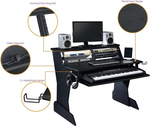 Vista 4 de Musia BE200 Series Estación de trabajo de estudio musical de escritorio con 2 x 4U Rack (Negro)