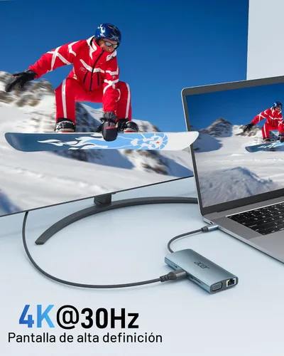 Vista 3 de Acer Hub USB C con HDMI 4k, adaptador USB C 9 en 1 a Ethernet, estación de acoplamiento USBA 3.0 de 5 Gbps, divisor VGA, lector de tarjetas SD, Gris