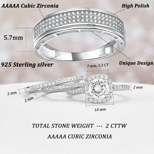 Vista 7 de Juego de anillos de boda chapados en oro de 18 quilates con circonita cúbica redonda de 2 quilates para hombre, plata de ley, anillos para pareja