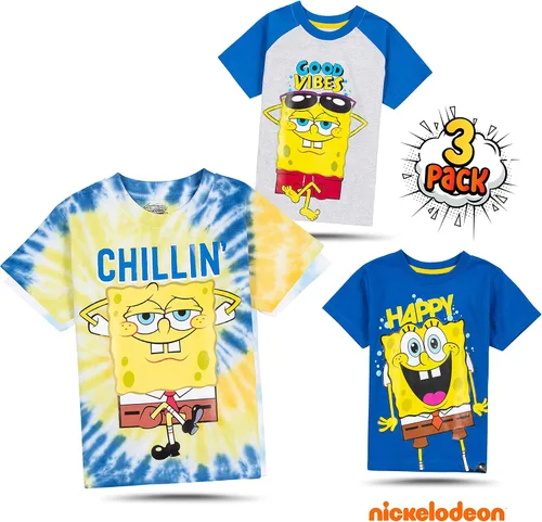 Vista 2 de Nickelodeon Spongebob or Rugrats 3 Pack Boy's Graphic Tees, Cute Short Sleeve T-Shirts for Boys Pack of 3