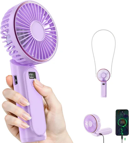 Vista 10 de TUNISE Ventilador de Mano Portátil Recargable, Ventilador Portátil de 4000mAh, Ajustable 180°, 6 Velocidades de Viento, Pantalla de Electricidad