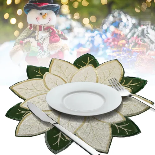 Vista 6 de OWENIE Juego de 4 manteles individuales de Navidad, Tela bordada con destello dorado brillante con flores de nochebuena, manteles redondos de 38 cm