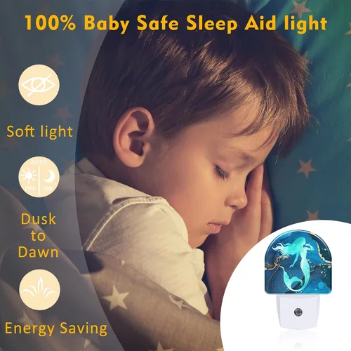 Vista 5 de Luz nocturna de acuarela turquesa con sirena para niños, luz nocturna de mármol azul marino dorado enchufable con sensor de atardecer a amanecer
