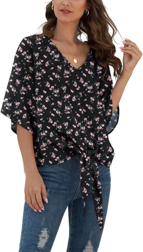 Vista 16 de VIISHOW Womens Tie Front Chiffon Blouses V Neck Batwing Short Sleeve Summer Tops Shirts Albaricoque