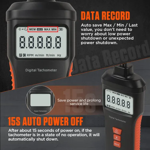 Vista 5 de Tacómetro tacómetro digital de contacto y sin contacto 4 modo de prueba Tacómetro de foto láser 1.0 ~ 99999RPM Tacómetro RPM de alta precisión con 4