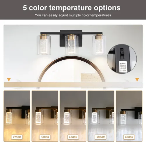 Vista 3 de EMONG Lámpara de baño de 3 luces negras y doradas, luces LED regulables de 5 CCT con vidrio transparente, 2700 K-6500 K, luz de tocador de baño