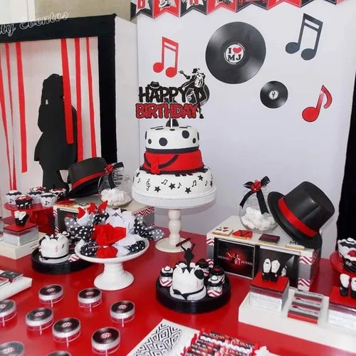 Vista 5 de Genial decoración de pastel de cumpleaños con purpurina negra y roja con purpurina bailarina, King of Pop, suministros para fiestas temáticas
