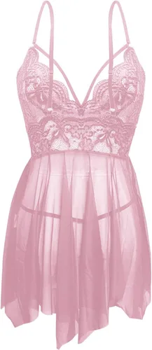 Vista 5 de Hquowk Women's V Neck Lingerie Dress Adjustable Strap Sleepwear Embroidered Lace Chemise Ladies Slutty Boudoir Nightdress