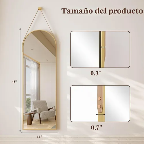 Vista 5 de Easly Espejo arqueado de longitud completa de 16 x 48 pulgadas, espejo colgante para pared con correa de cuero, marco de aleación de aluminio de Oro