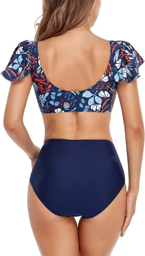 Vista 6 de Yuanlar Traje de baño de cintura alta con volantes para mujer, dos piezas, con estampado tropical