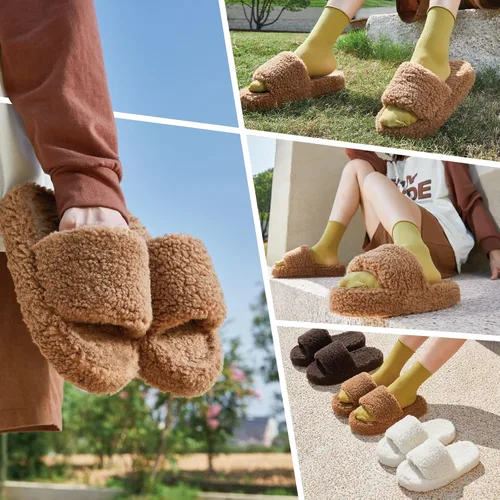 Vista 5 de posee Pantuflas mullidas de espuma viscoelástica para mujer, pantuflas de punta abierta mullidas, de piel rizada, cómodas, suaves, antideslizantes