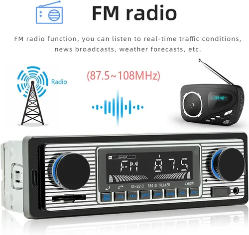 Vista 4 de Radio Clásica Single Din para Automóvil con Bluetooth, Receptor de Radio FM Estéreo para Automóvil, Llamadas Manos Libres, Control de Voz