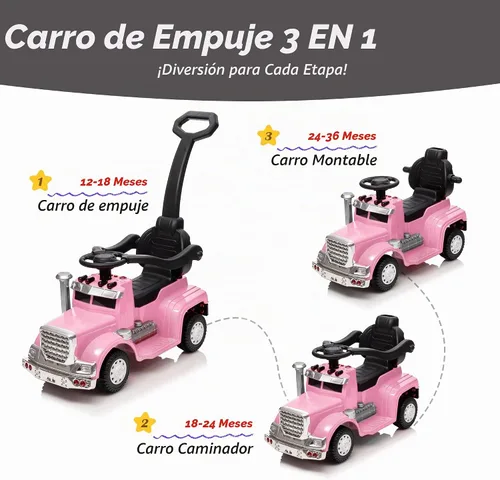 Vista 6 de Outfunny Coche de empuje 3 en 1 para niños pequeños de 1 a 3 años con mango y música Rosa